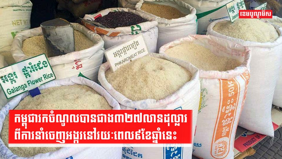 កម្ពុជារកចំណូលបានជាង៣២៧លានដុល្លារពីការនាំចេញអង្ករនៅរយៈពេល៩ខែឆ្នាំនេះ