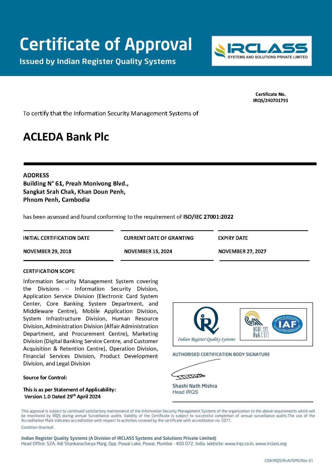 ACLEDA Bank Plc - RvA - ISMS Digital