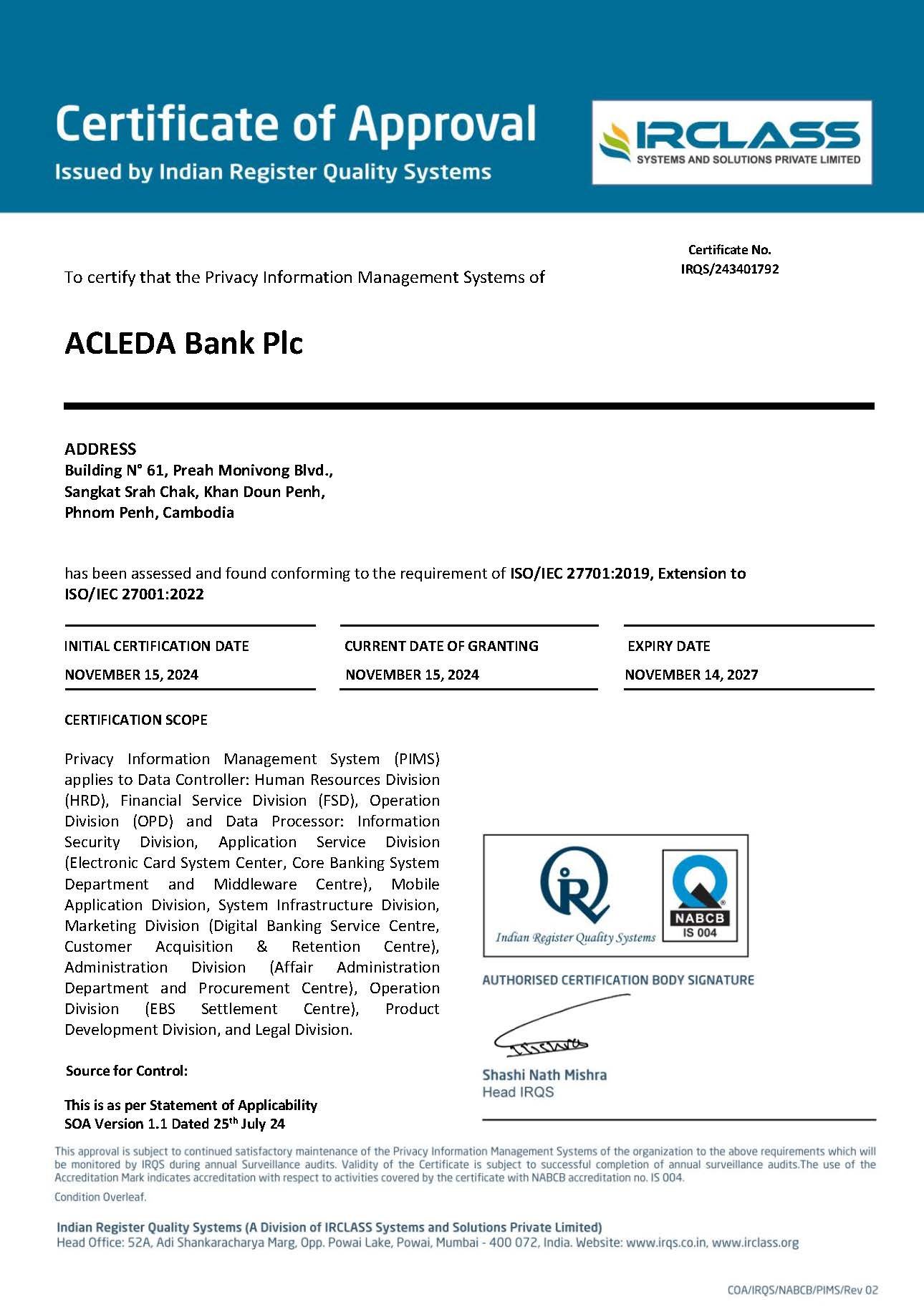 Acleda Bank PLC  - PIMS NABCB