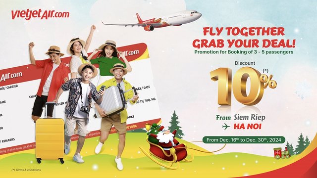 Vietjet ផ្តល់ជូនការបញ្ចុះតម្លៃ 10% លើការកក់សំបុត្រធ្វើដំណើរជាក្រុមរហូតដល់បំណាច់ឆ្នាំនេះ