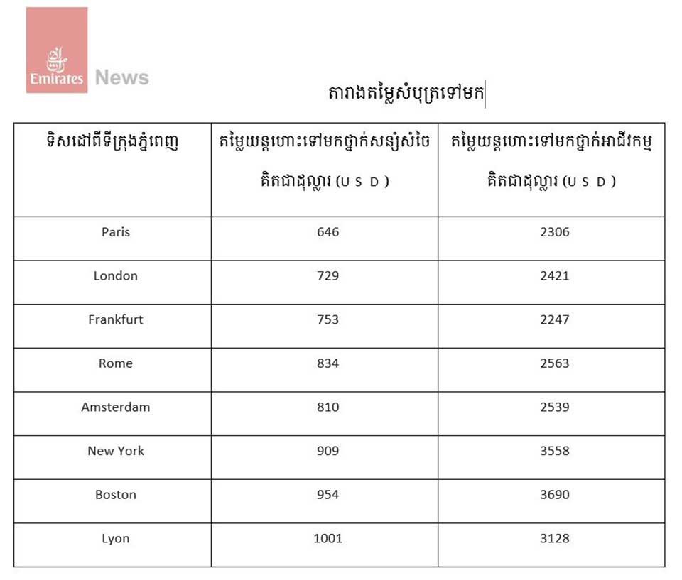 តារាង​តម្លៃ​សំបុត្រ​យន្តហោះ