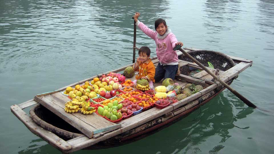 កុមារ​លក់​ផ្លែ​ឈើ​នៅ​ភូមិ​បណ្តែត​ទឹក នៅ​វៀតណាម។