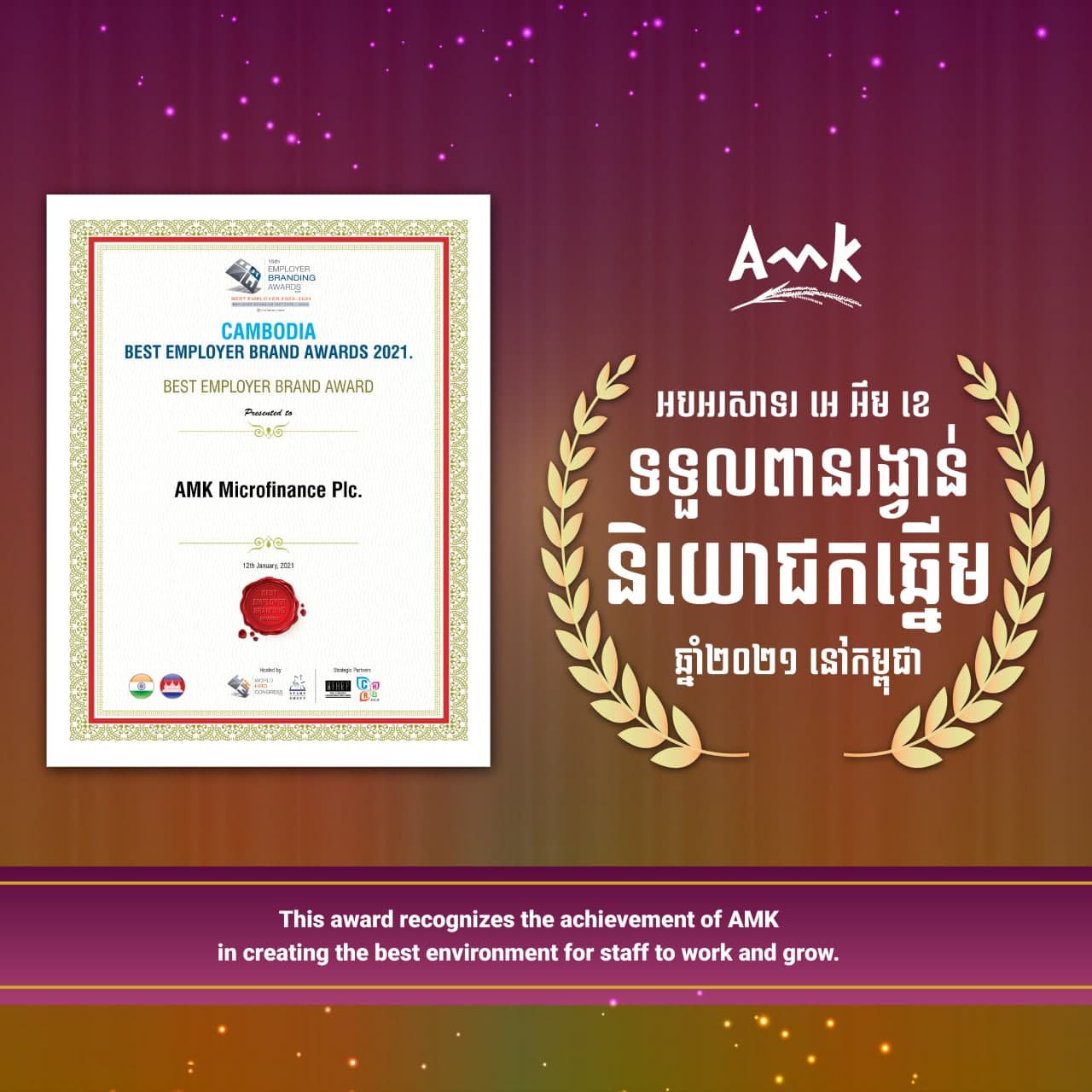 គ្រឹះស្ថានមីក្រូហិរញ្ញវត្ថុ អេ អឹម ខេ ទទួលបានពានរង្វាន់អន្តរជាតិជា “និយោជកឆ្នើម-CAMBODIA BEST EMPLOYER BRAND AWARD ” ប្រចំាឆ្នាំ ២០២១ នៅកម្ពុជា ដែលបានរៀបចំដោយ WORLD HRD CONGRESS ។