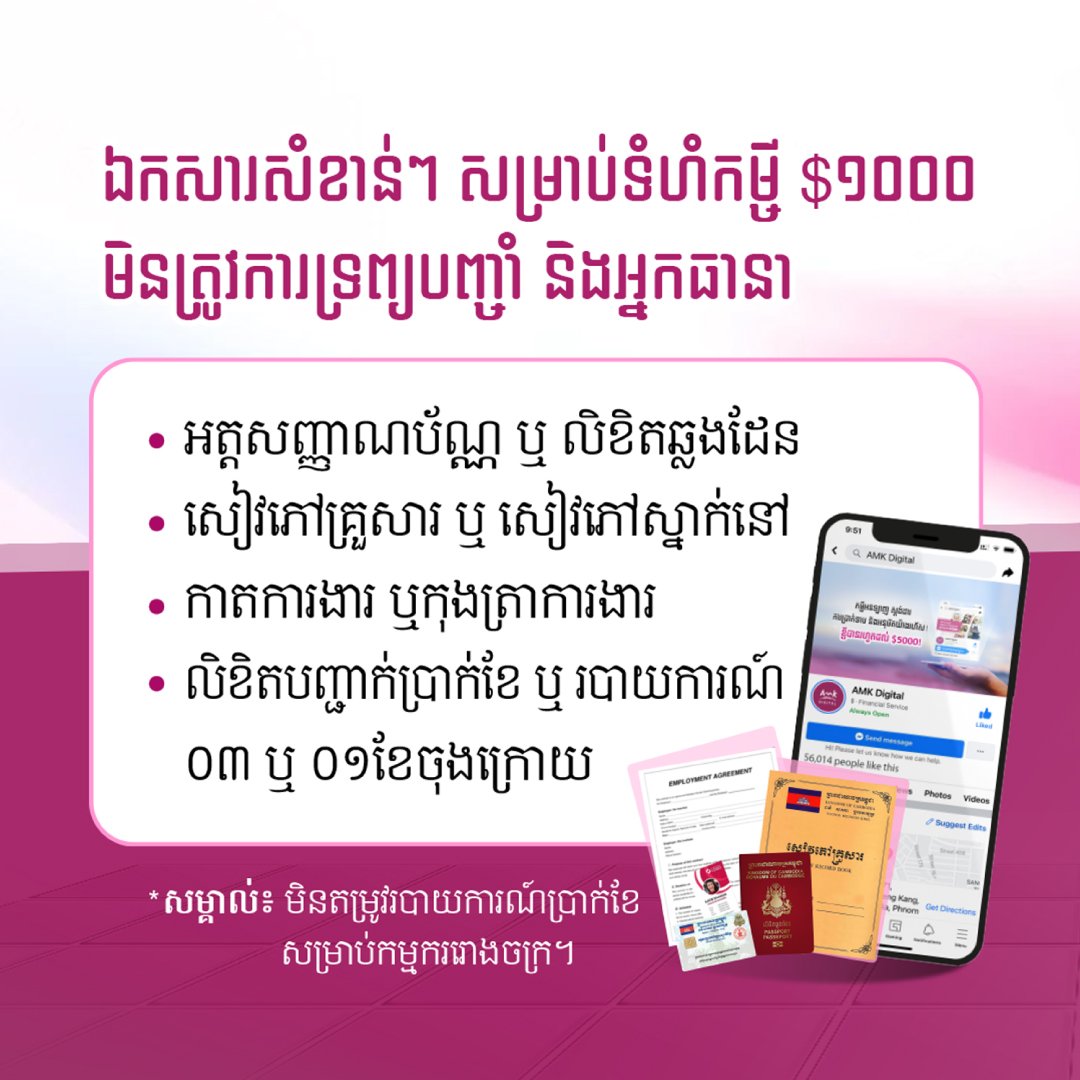 កម្ចីអនឡាញ អតិថិជនអាចស្នើសុំកម្ចីភ្លាមៗ បានរហូតដល់ ៥,០០០​ដុល្លារ ហើយត្រឹម ១,០០០ ដុល្លារ គឺមិនត្រូវការទ្រព្យបញ្ចាំ និងអ្នកធានាឡើយ