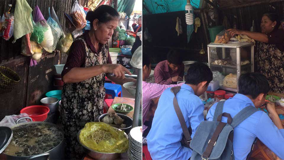 អ្នកស្រី កែវ សាព្រី ដែល​មាន​វ័យ​៥០​ឆ្នាំ លក់​បបរ​គ្រឿង​សាច់ជ្រូក នៅ​ក្បែរ​សាលា​សង្កាត់ទឹកថ្លា ភ្នំពេញ។ មួយខែៗ អ្នកស្រី​រក​ប្រាក់​ចំណេញបាន​ជាង ២ពាន់​ដុល្លារ។