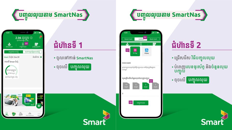ក្រុមហ៊ុន Smart គាំទ្រអតិថិជនដោយផ្ដល់ទិន្នន័យបន្ថែមតាមរយៈការបញ្ចូលទឹកប្រាក់តាមប្រព័ន្ធអេឡិចត្រូនិកនិងសេវាដឹកជញ្ចូន Smart@Home ដោយឥតគិតថ្លៃ
